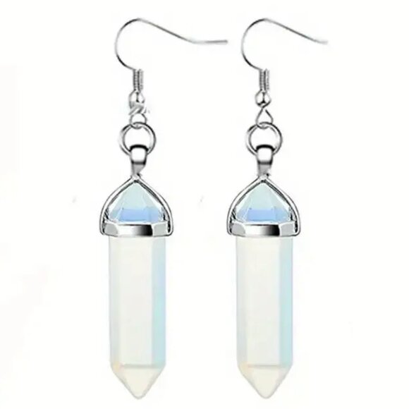 Hexagon Point Dangle Earrings Opal Glass Stone - Picture 1 of 2
